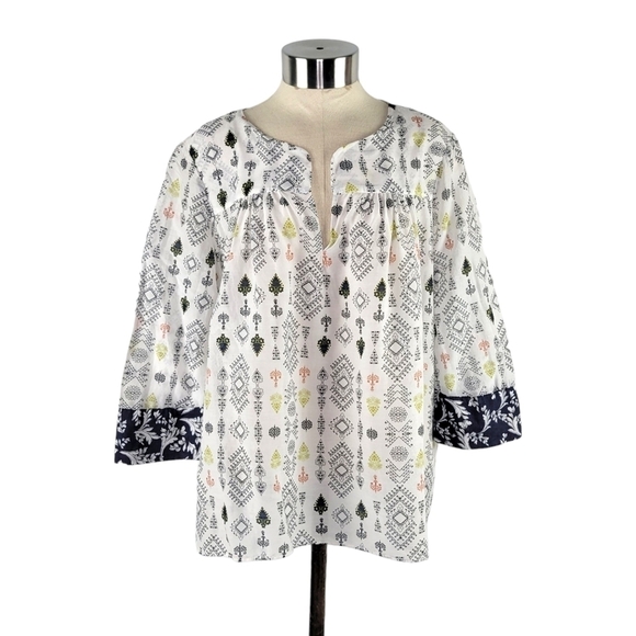 Massimo Dutti Women's Boho Lightweight Relaxed Fit Printed Top Size 8 White/Blue - Picture 1 of 10